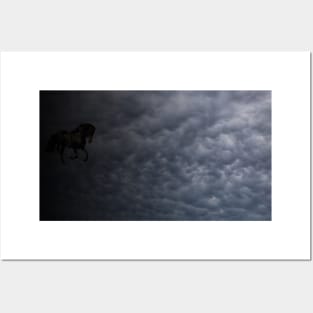 Fairy black horse galloping in clouds Posters and Art